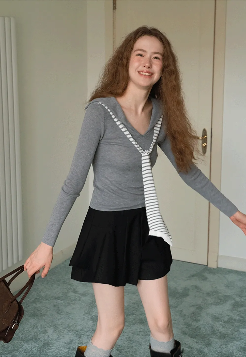 Womens Sailor Collar Long Sleeve Knit Top with Tie