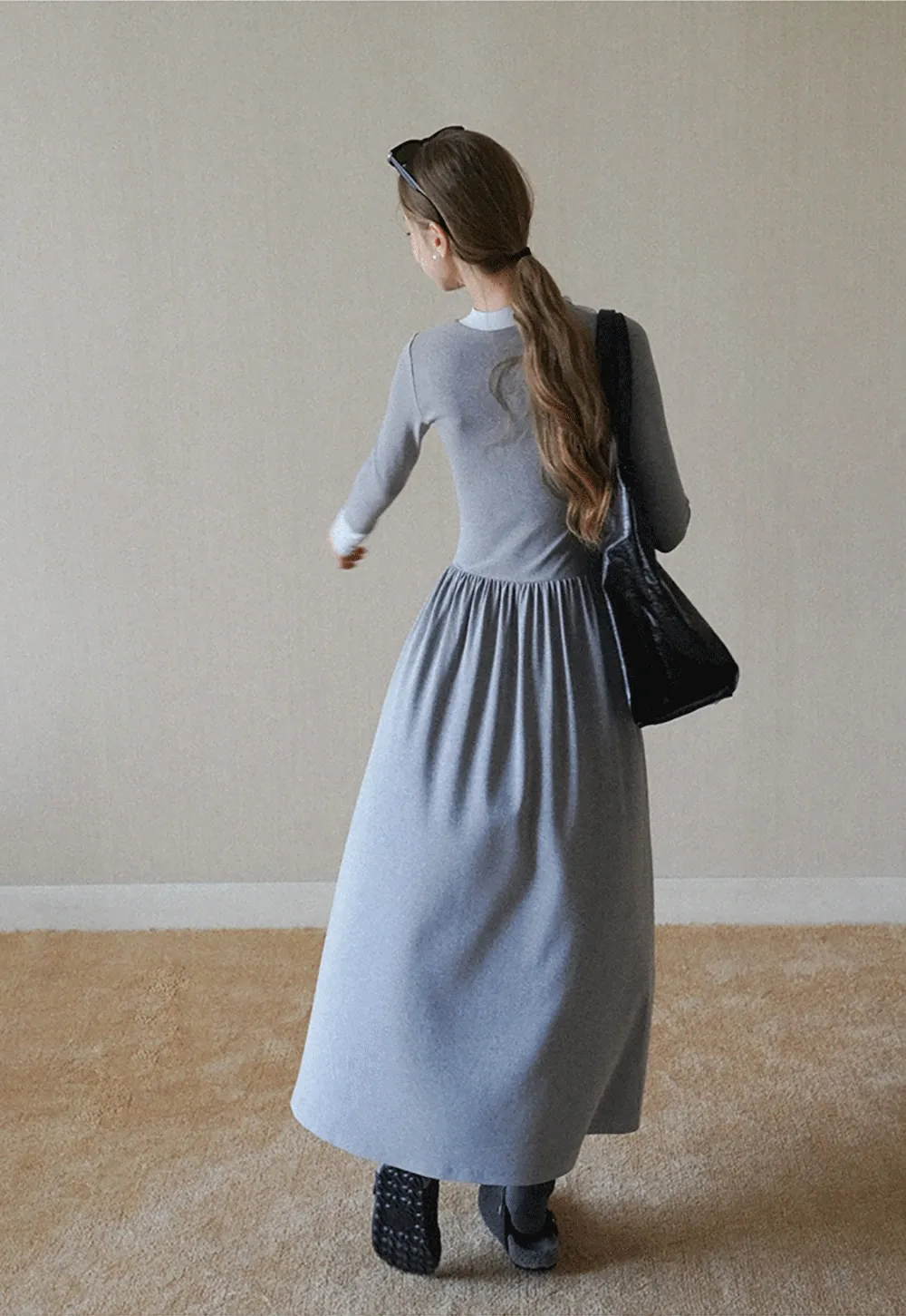elegant grey long sleeve casual a-line dress