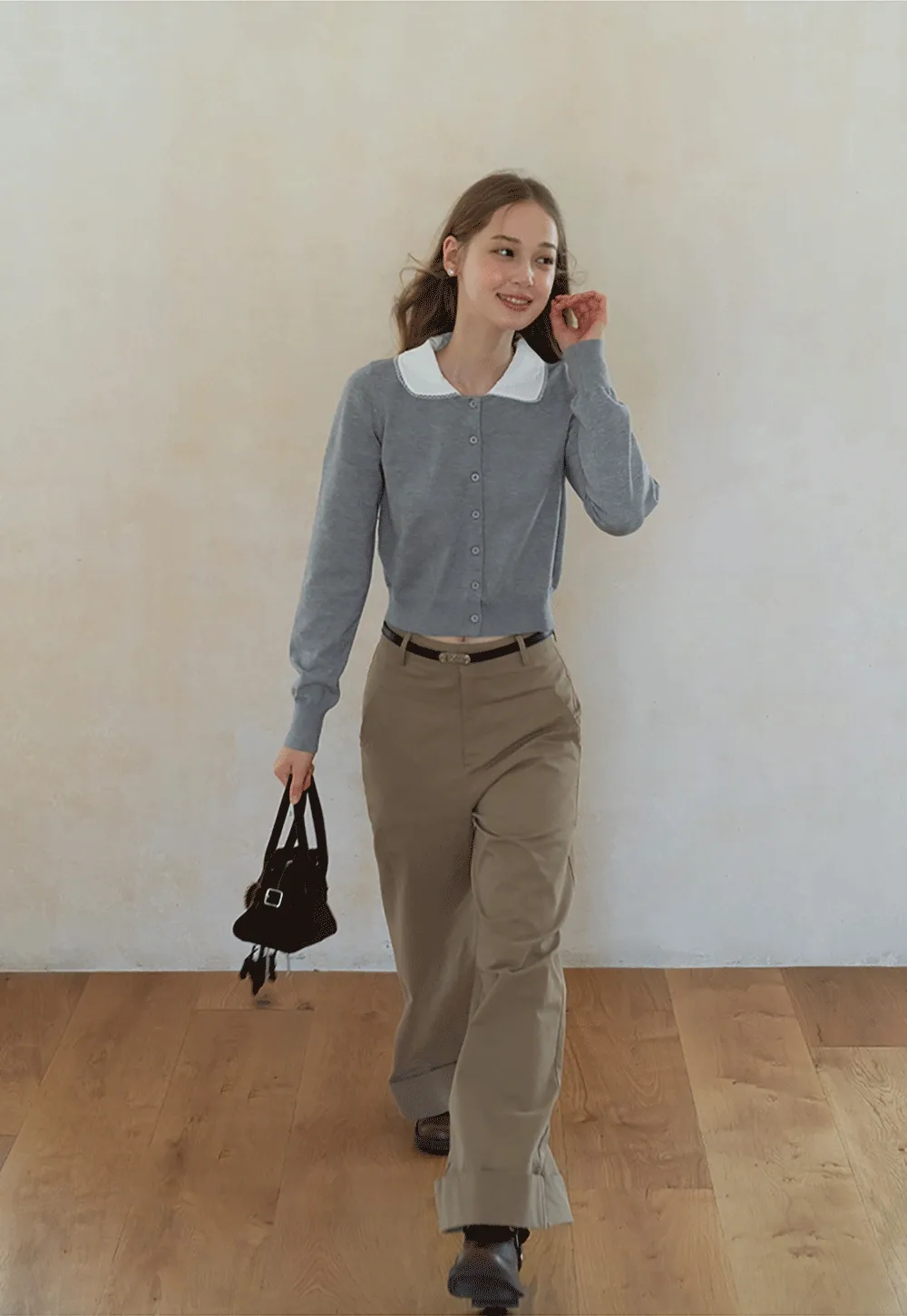 Womens Knit Cardigan with White Peter Pan Collar