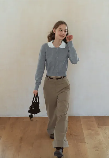 Womens Knit Cardigan with White Peter Pan Collar