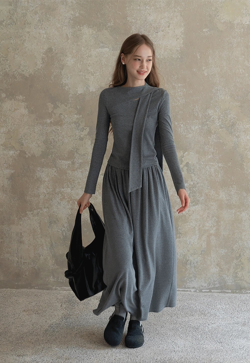 Relaxed Grey 2 Piece Outfit Long Sleeve Tee and Skirt