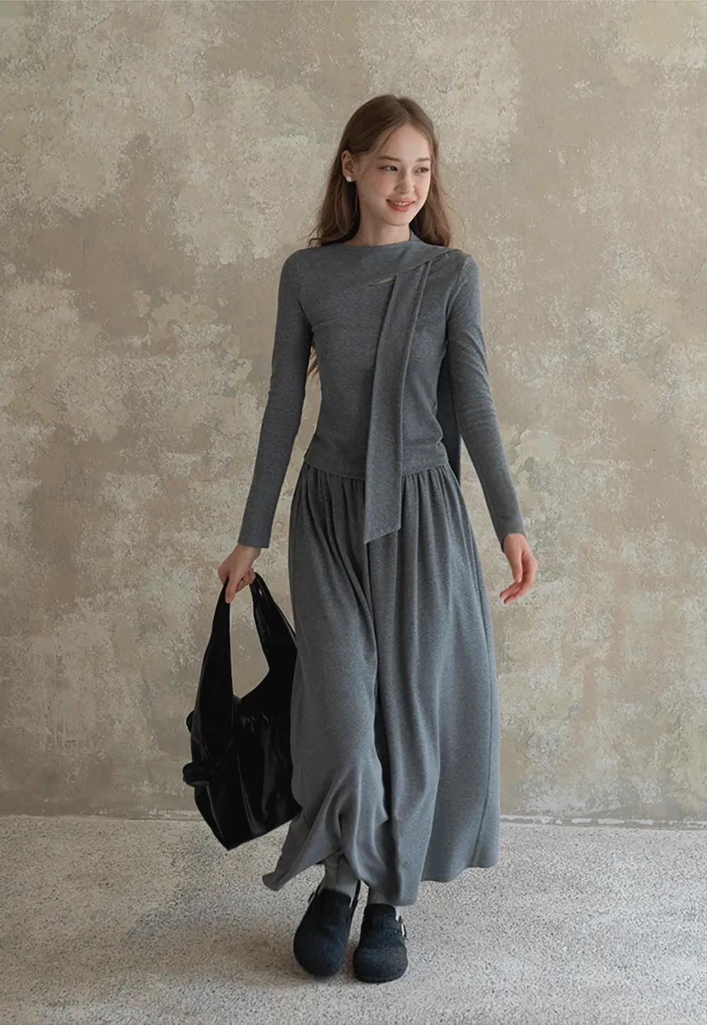 Relaxed Grey 2 Piece Outfit Long Sleeve Tee and Skirt