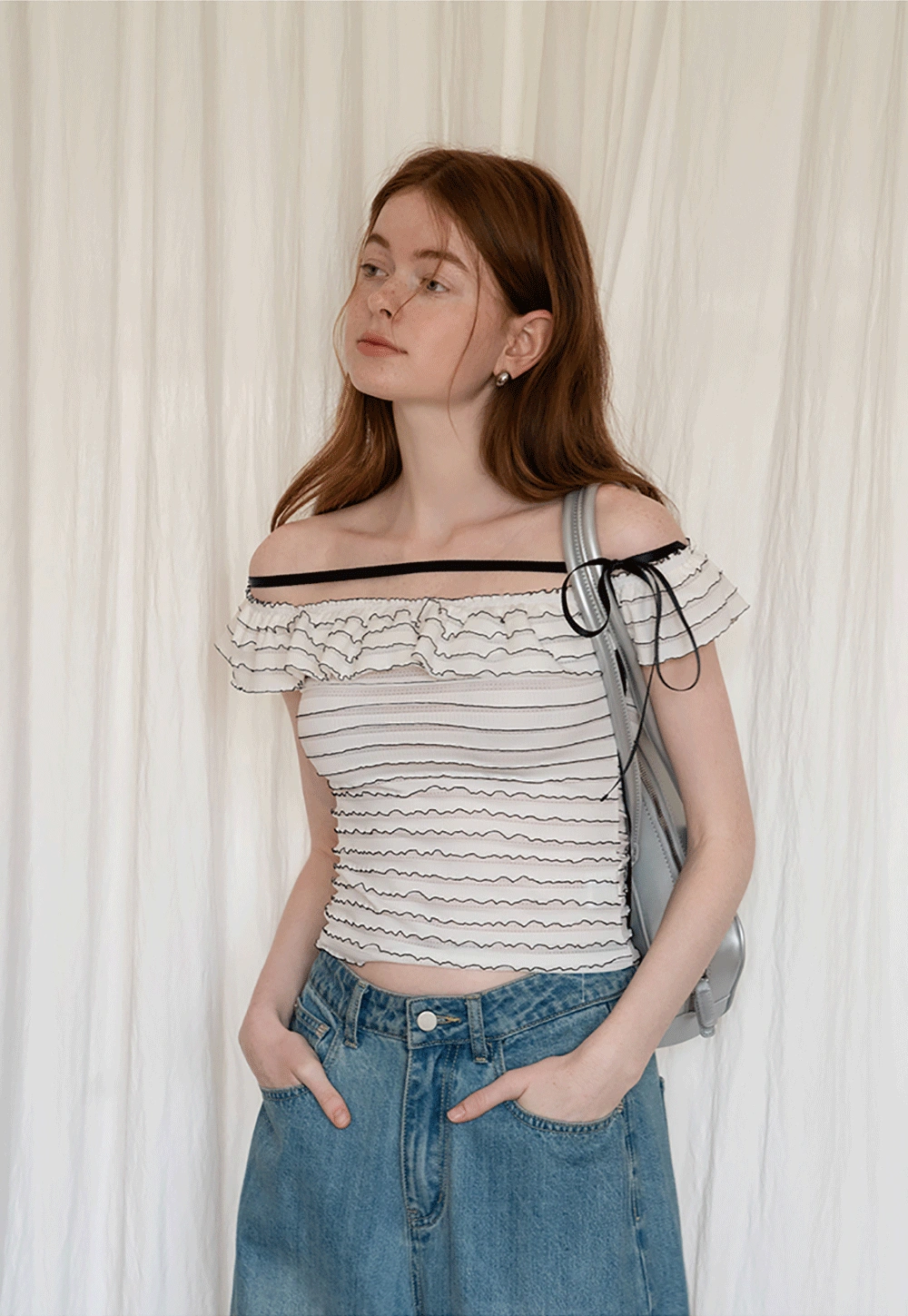 Women’s Off Shoulder Ruffle Trim Knit Top
