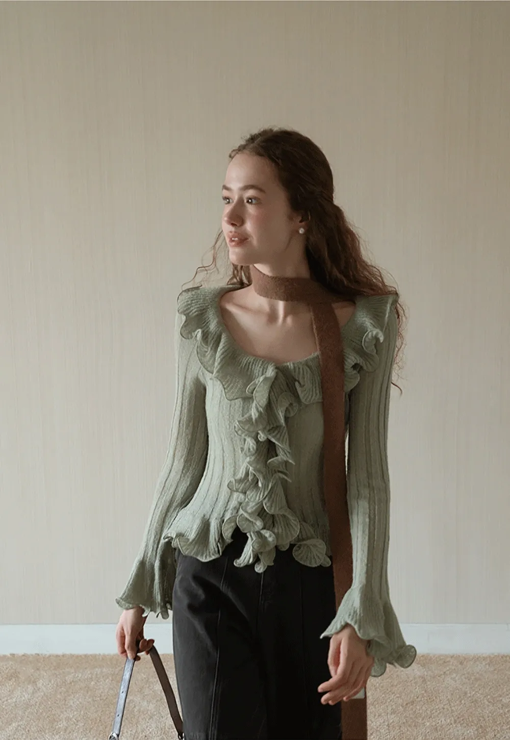 Womens Ruffle Hem Flared Sleeve Knit Top