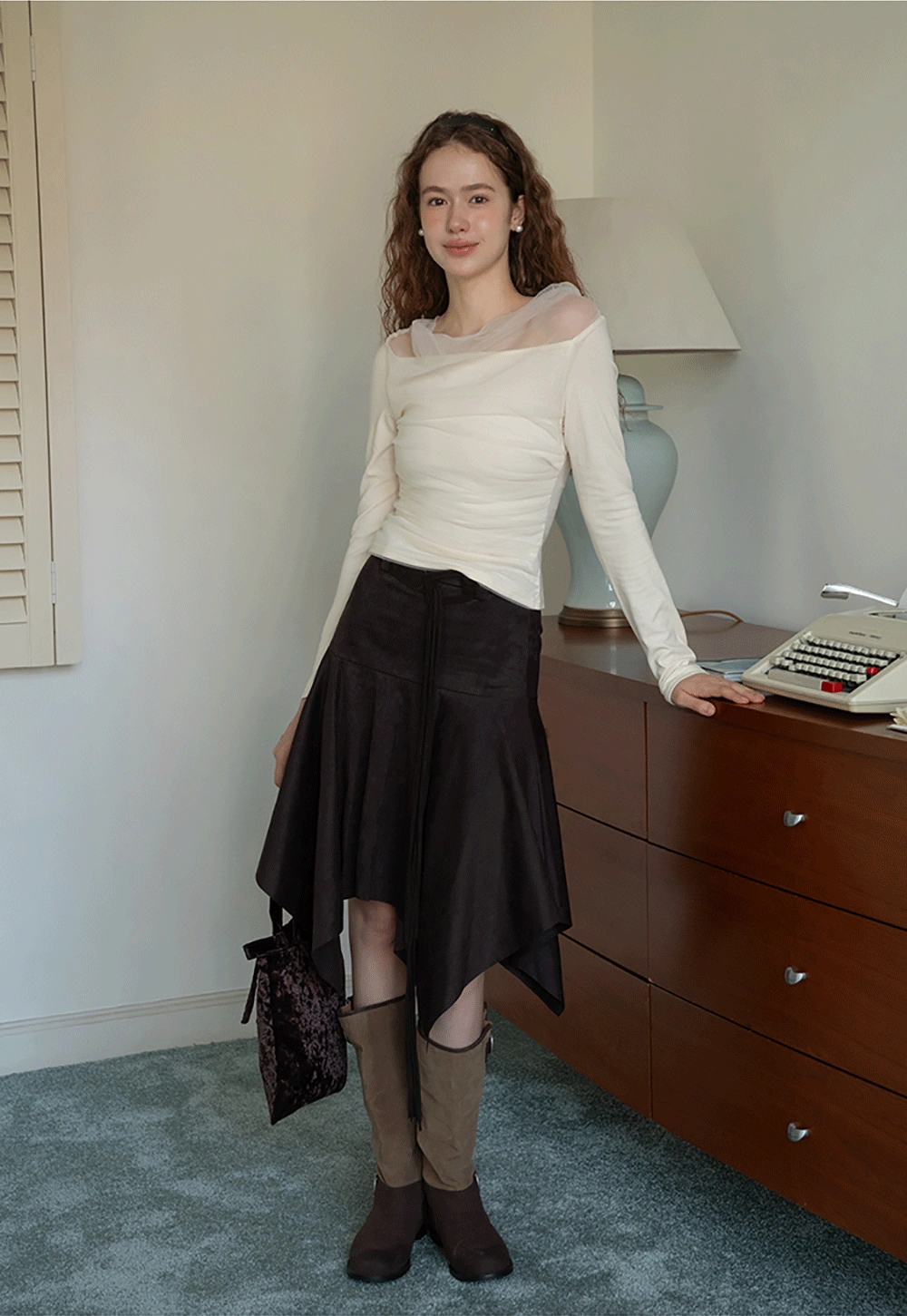 Women Mesh Patchwork Cowl Neck Top