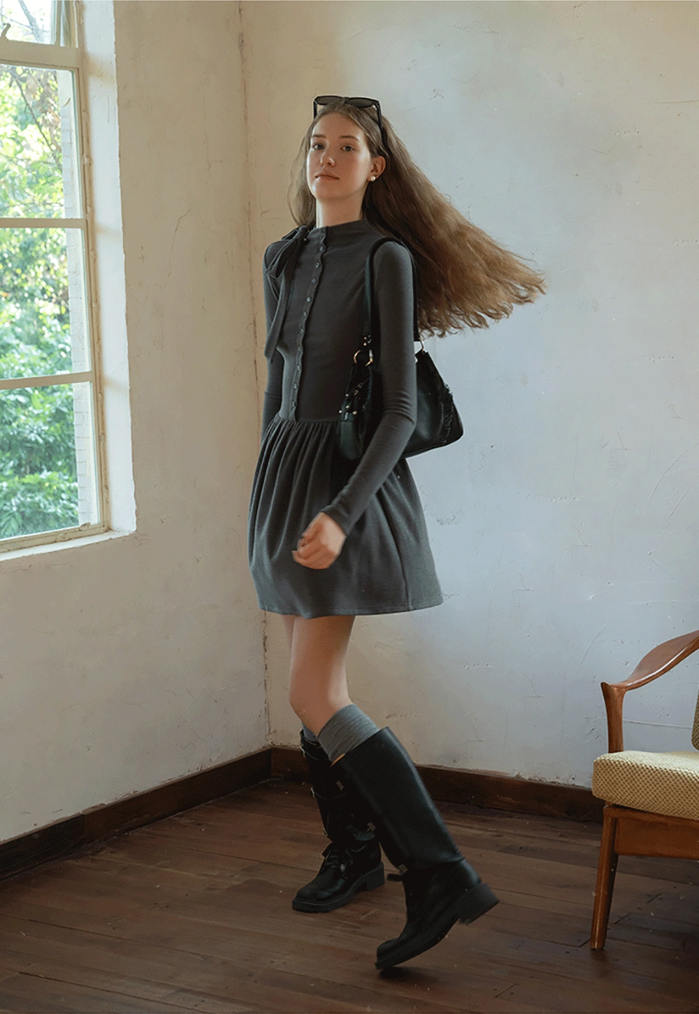 Long Sleeve Bow Tie Mini Dress