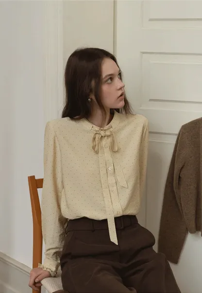 Womens Polka Dot Ruffle Trim Blouse with Bow Tie Neck