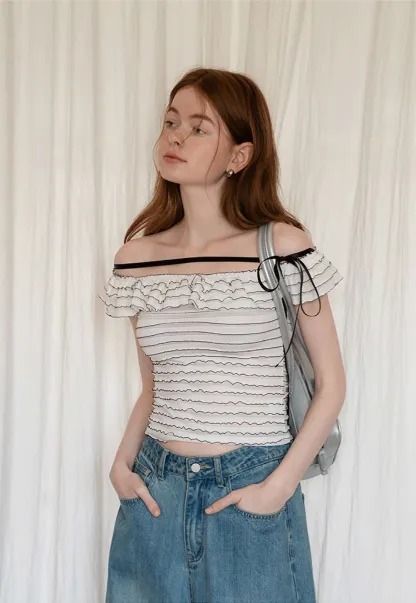 Women’s Off Shoulder Ruffle Trim Knit Top