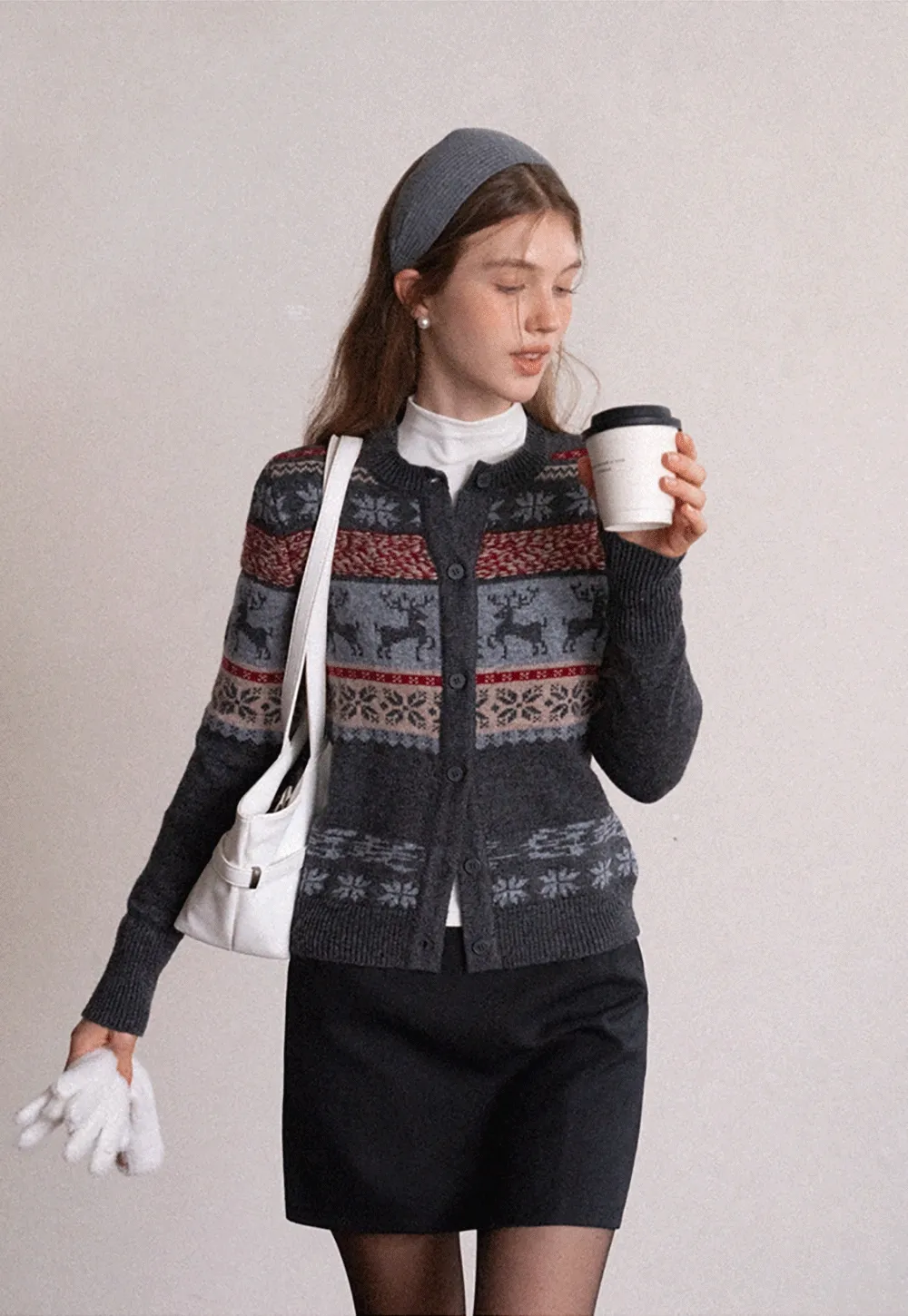 Reindeer Snowflake Pattern Knit Cardigan