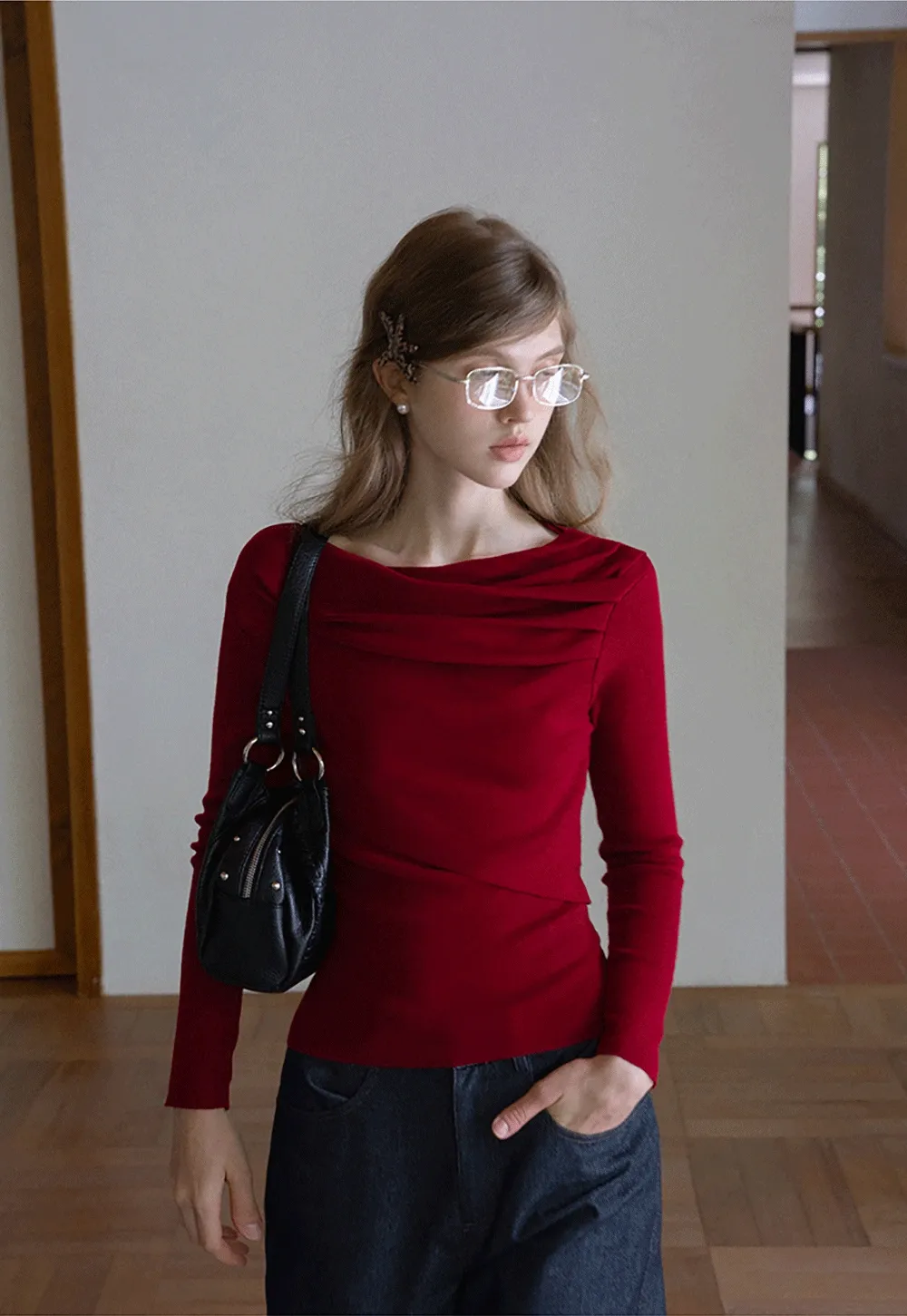 Womens Asymmetrical Draped Knit Top