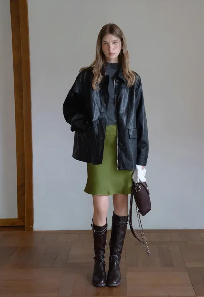 Womens Black Faux Leather Jacke