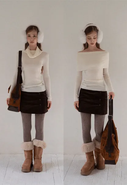 Women Off Shoulder Long Sleeve Knit Sweater Top Slim Fit