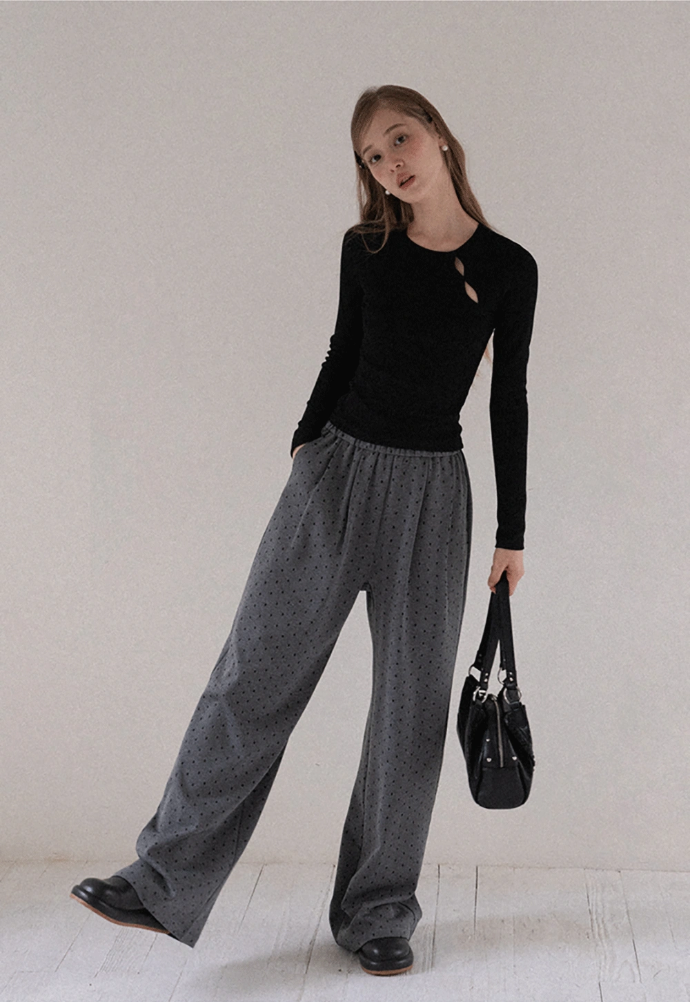 Women High Waist Wide Leg Pants Loose Fit Polka Dot Trousers