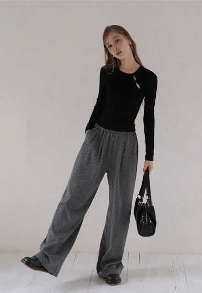 Women High Waist Wide Leg Pants Loose Fit Polka Dot Trousers