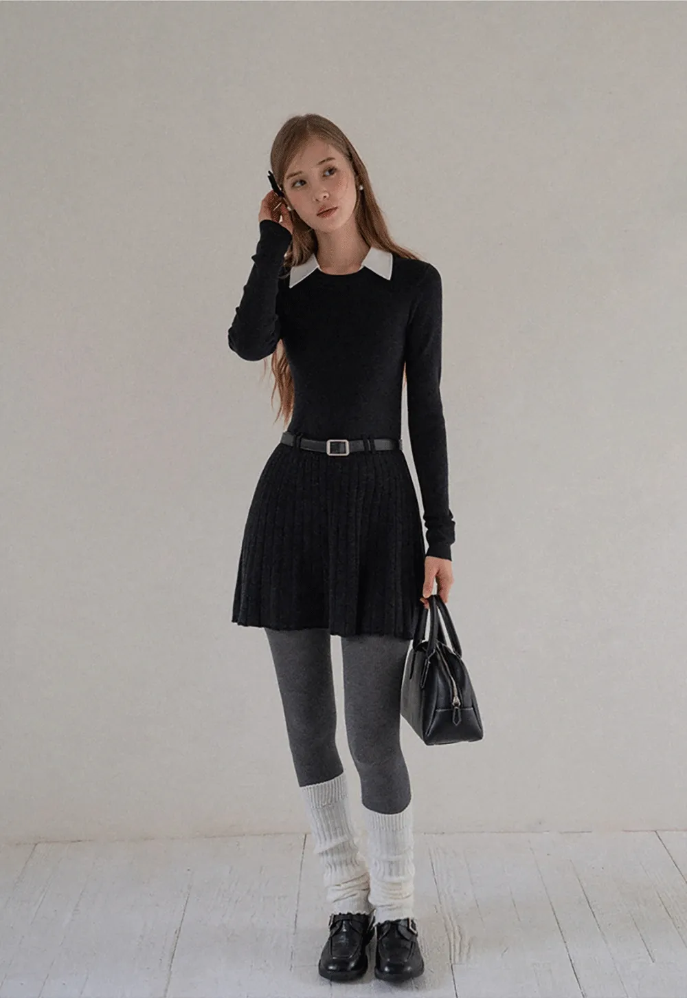 Women Black Sweater Dress with White Collar and Belt