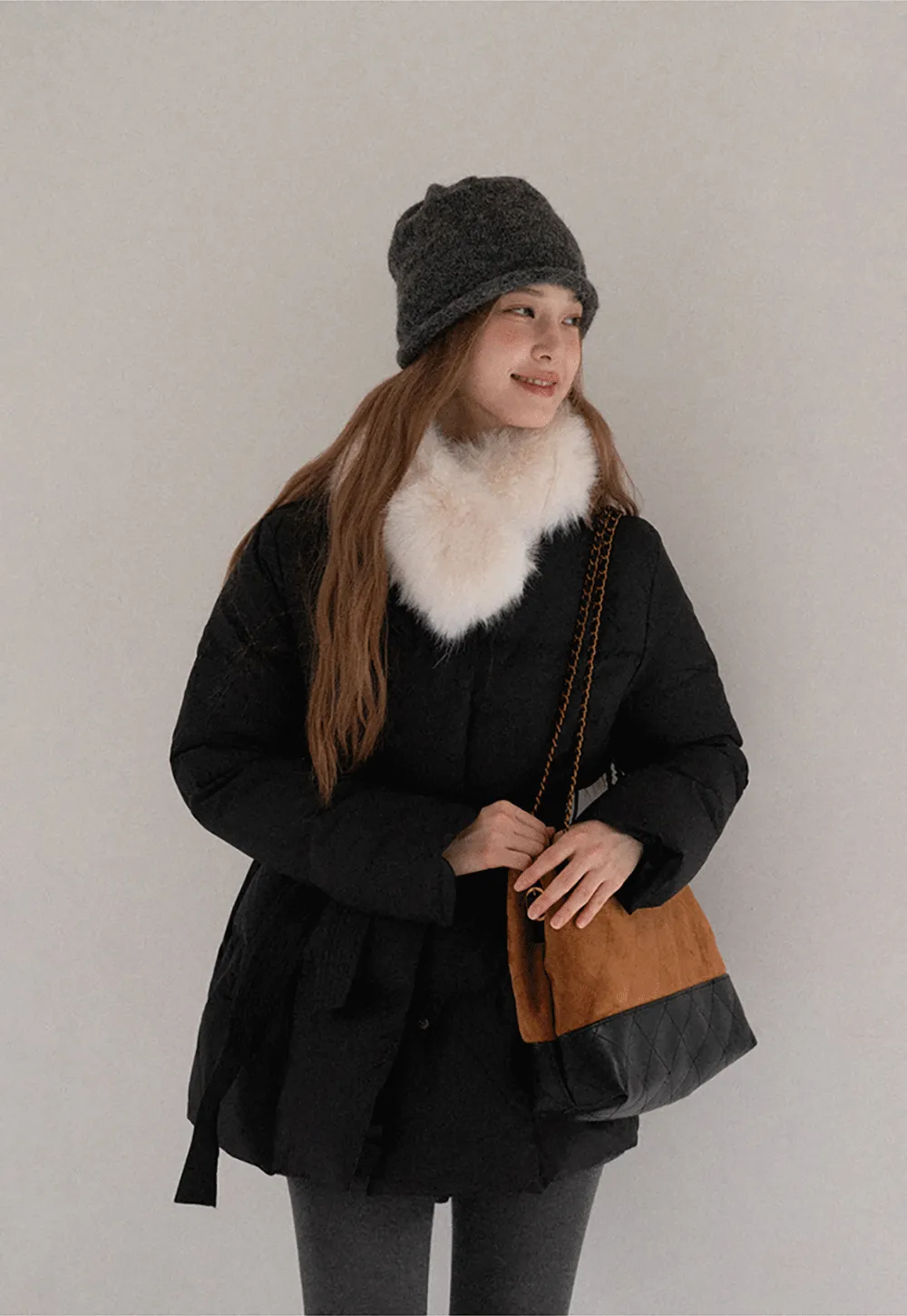 Belted Down Coat with Faux Fur Collar