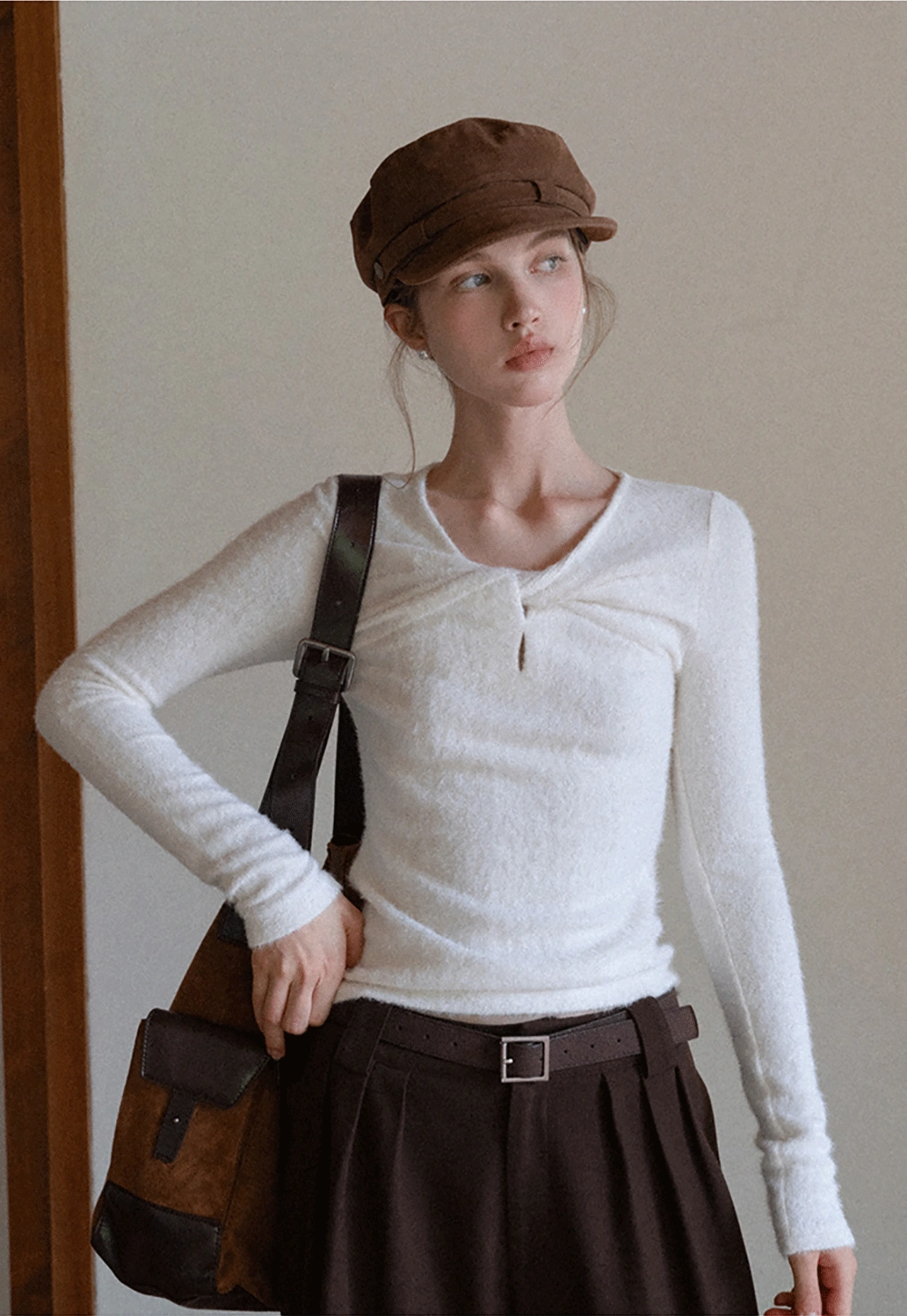 Women Soft Fluffy Knit Top Twist Front Long Sleeve