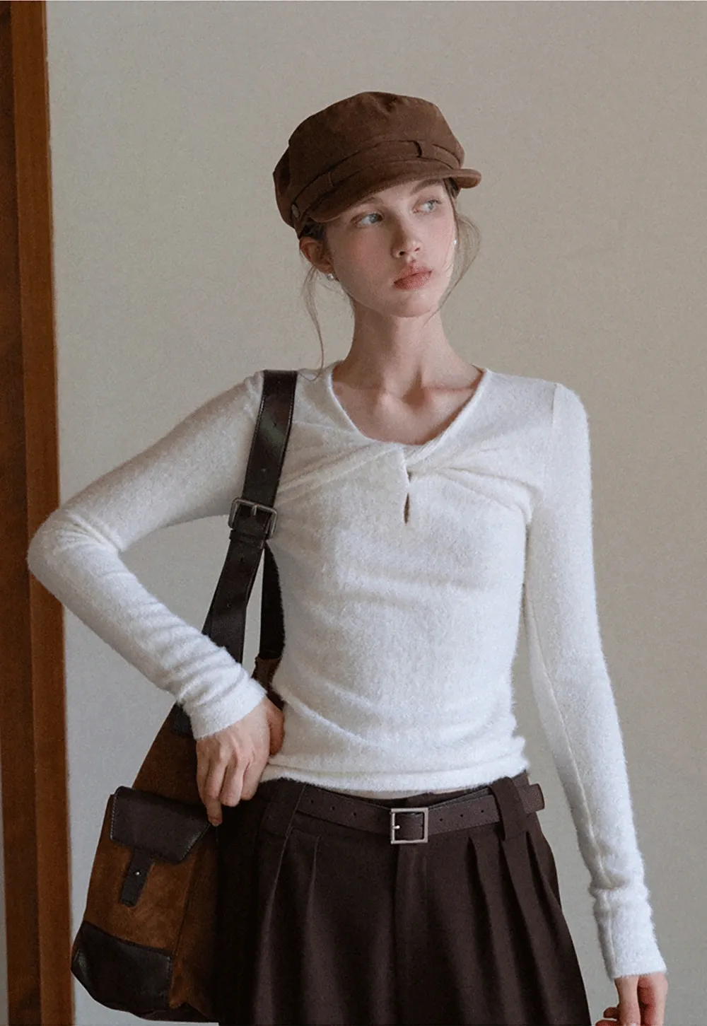 Women Soft Fluffy Knit Top Twist Front Long Sleeve