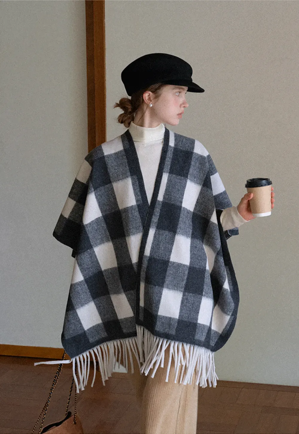 Checked Fringe Poncho
