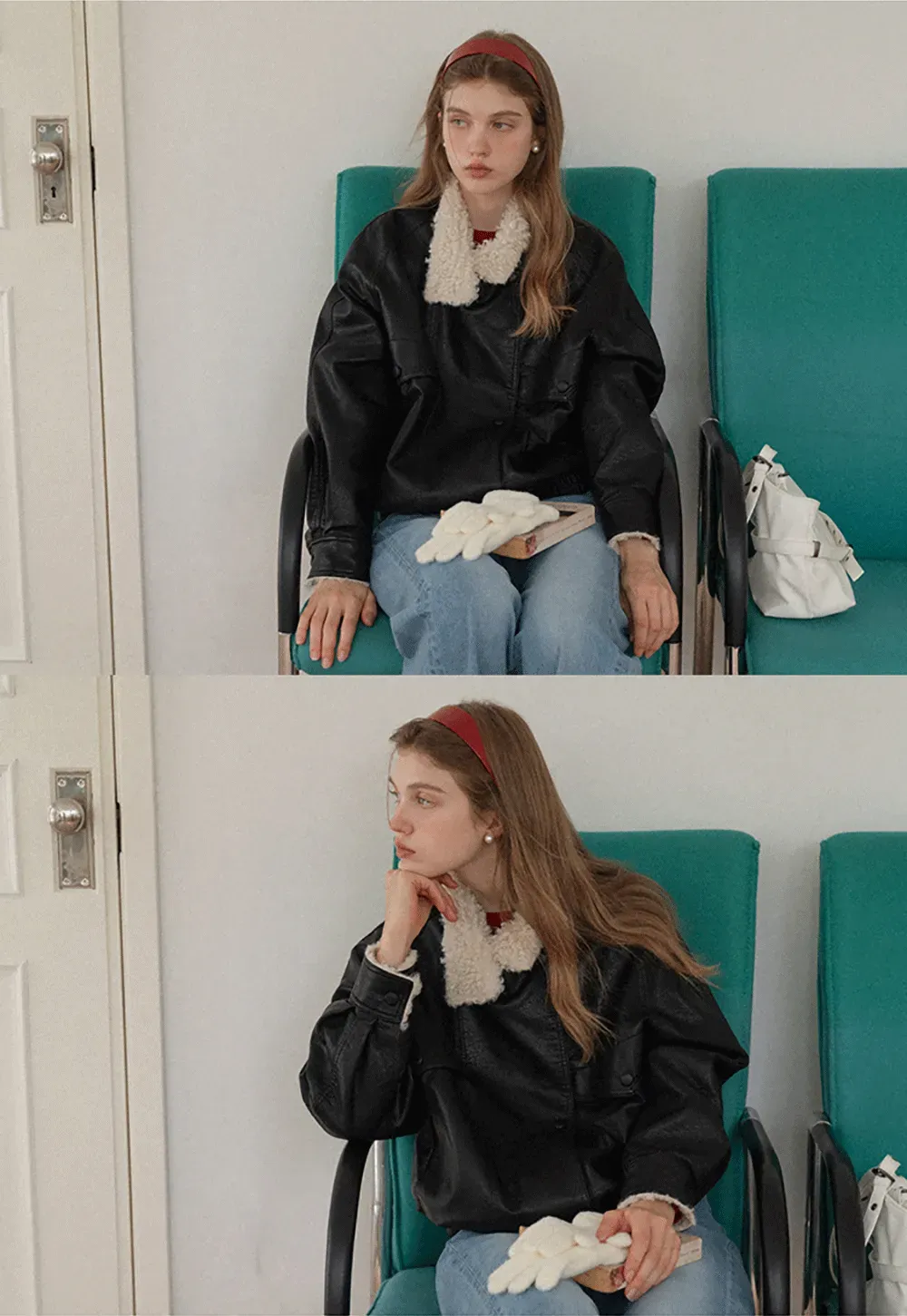 Faux Leather Jacket with Shearling Collar