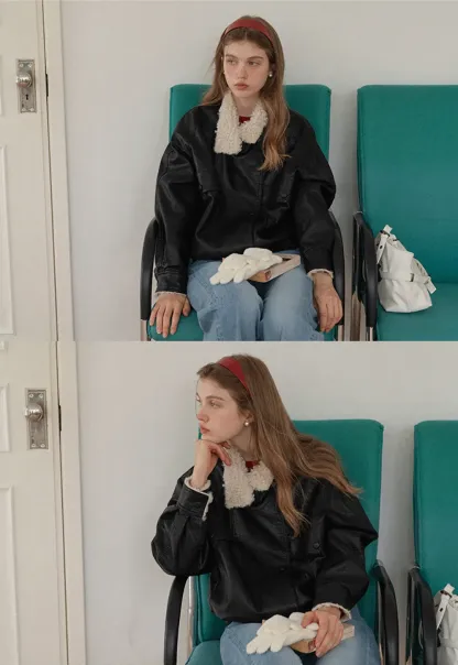 Faux Leather Jacket with Shearling Collar