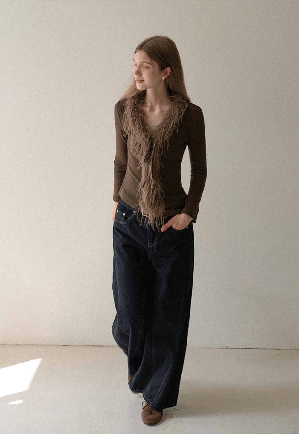 Women Faux Fur Collar Long Sleeve Knit Top