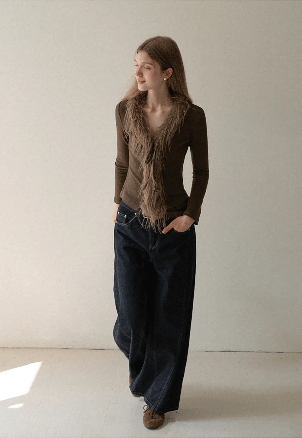 Women Faux Fur Collar Long Sleeve Knit Top