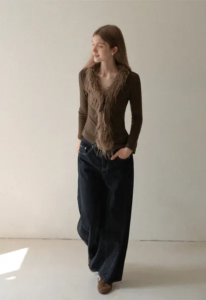 Women Faux Fur Collar Long Sleeve Knit Top