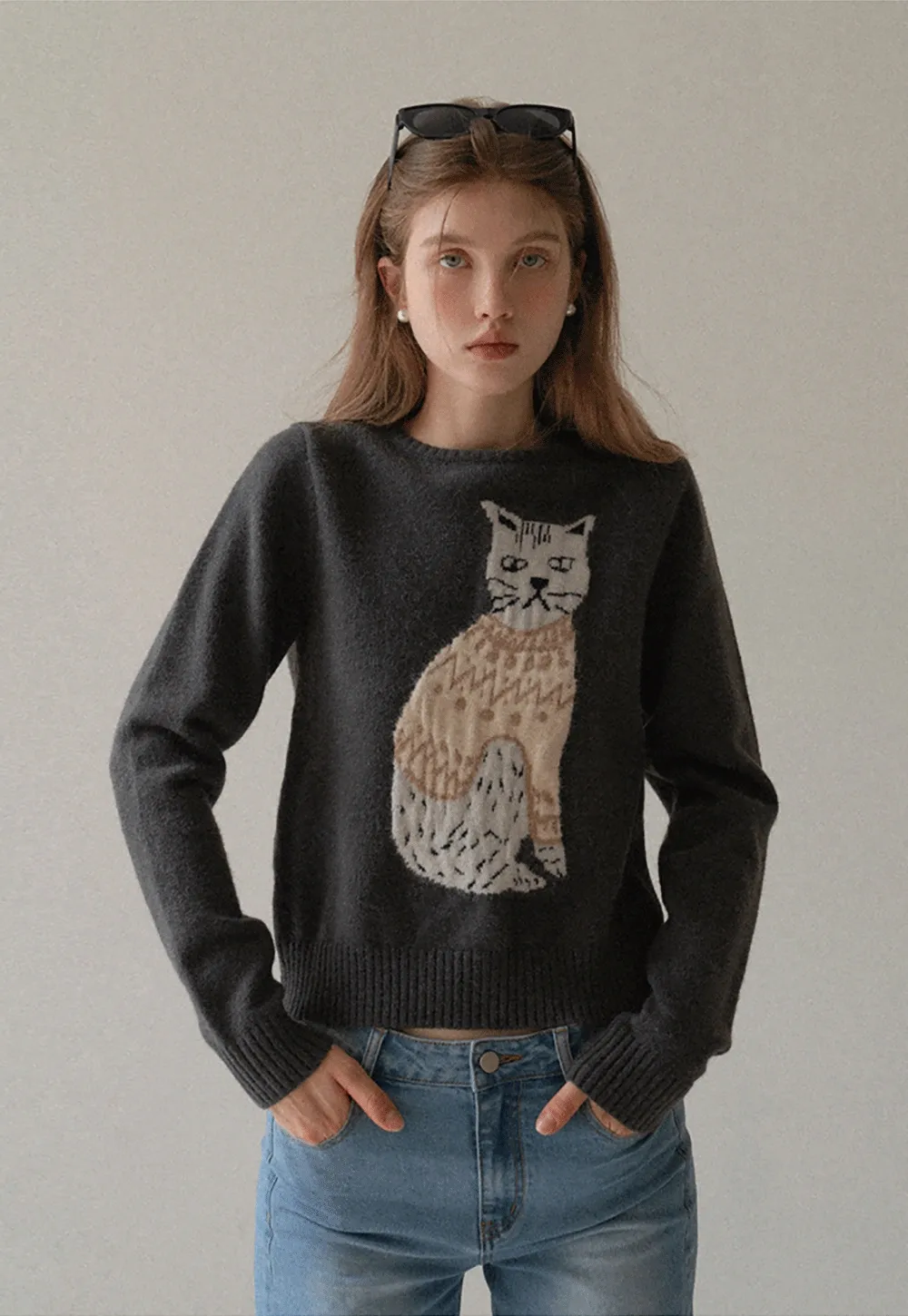 Women Cat Pattern Knit Sweater Cute Pullover Top