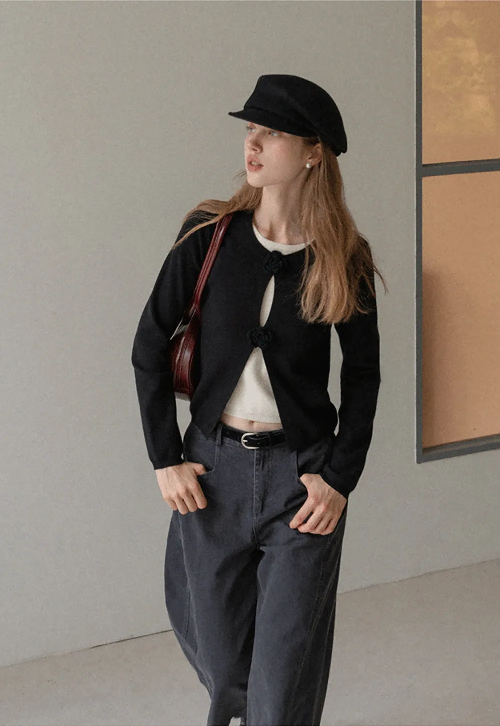 Women Knit Cardigan with Flower Button Vintage Style