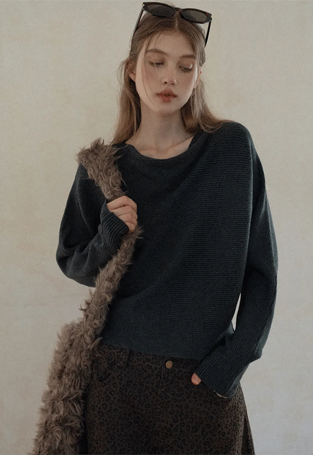 Ribbed Boat Neck Knit Sweater