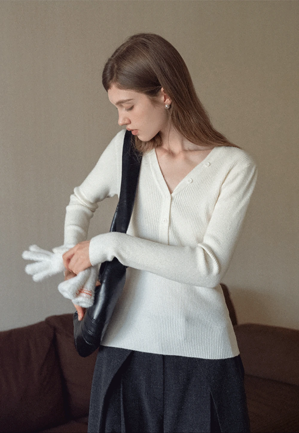 Womens Ribbed Long Sleeve V-Neck Button Top