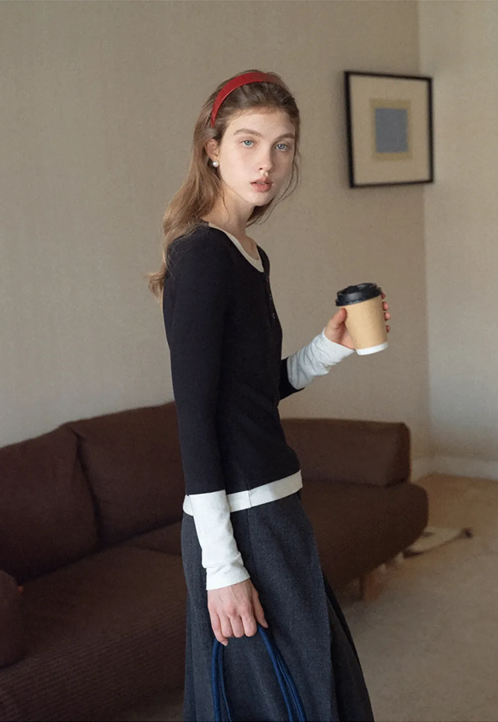 Womens Colorblock Long Sleeve Henley Top