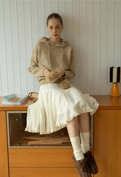 Pom-Pom Hooded Knit Sweater