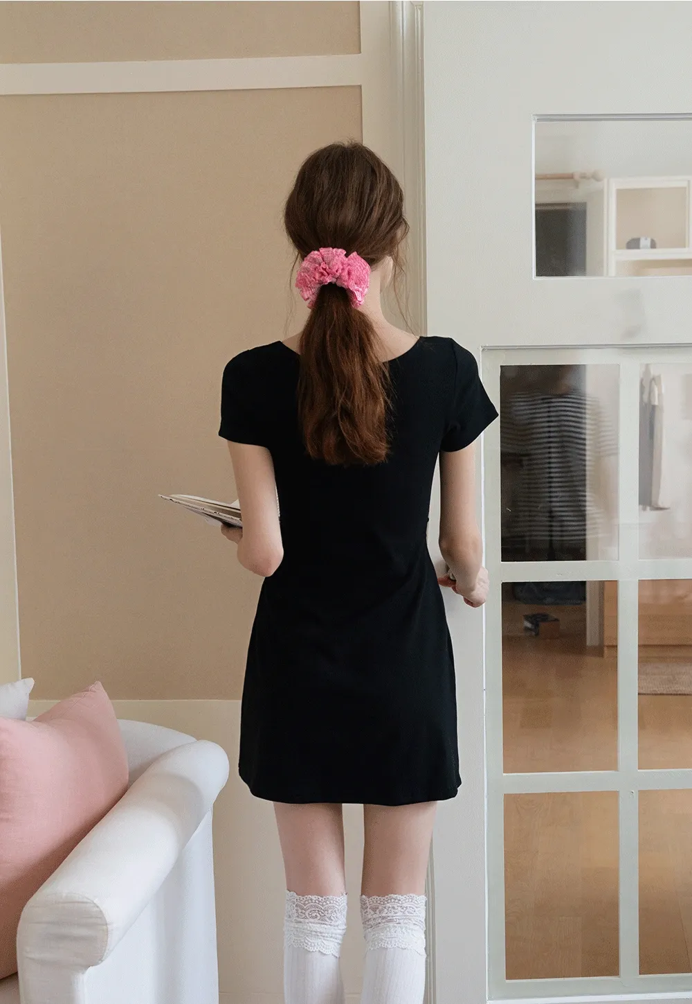 Bow Front Ruched Knit Mini Dress
