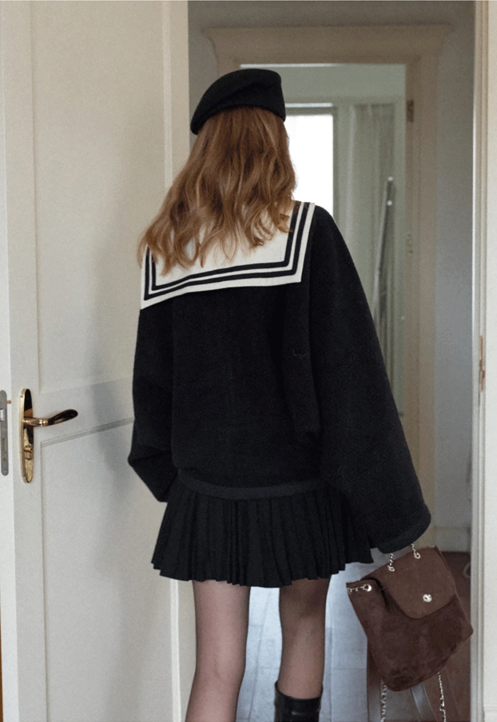 Stylish Black Woolen Coat with Sailor Collar