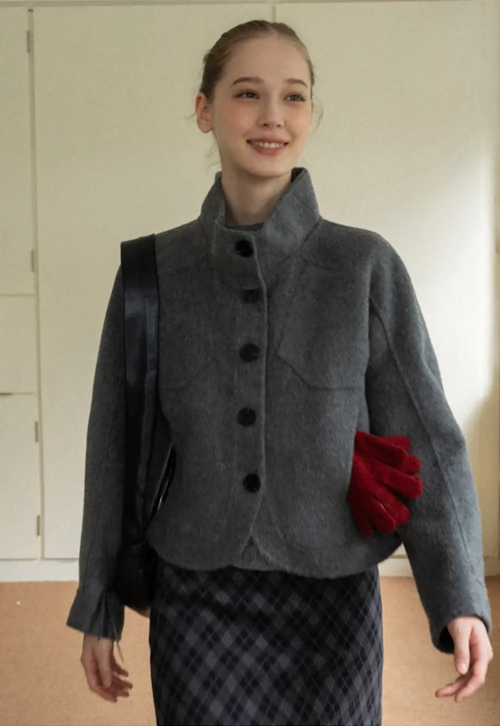 Stand Collar A-line Waist Cinching Cropped Double-Faced Coat