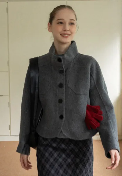 Stand Collar A-line Waist Cinching Cropped Double-Faced Coat