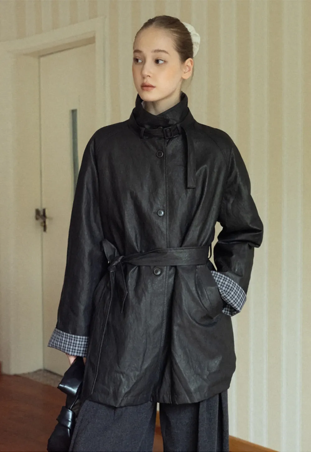 Stand Collar Mid-Length Coat with Plaid Splice and Belt