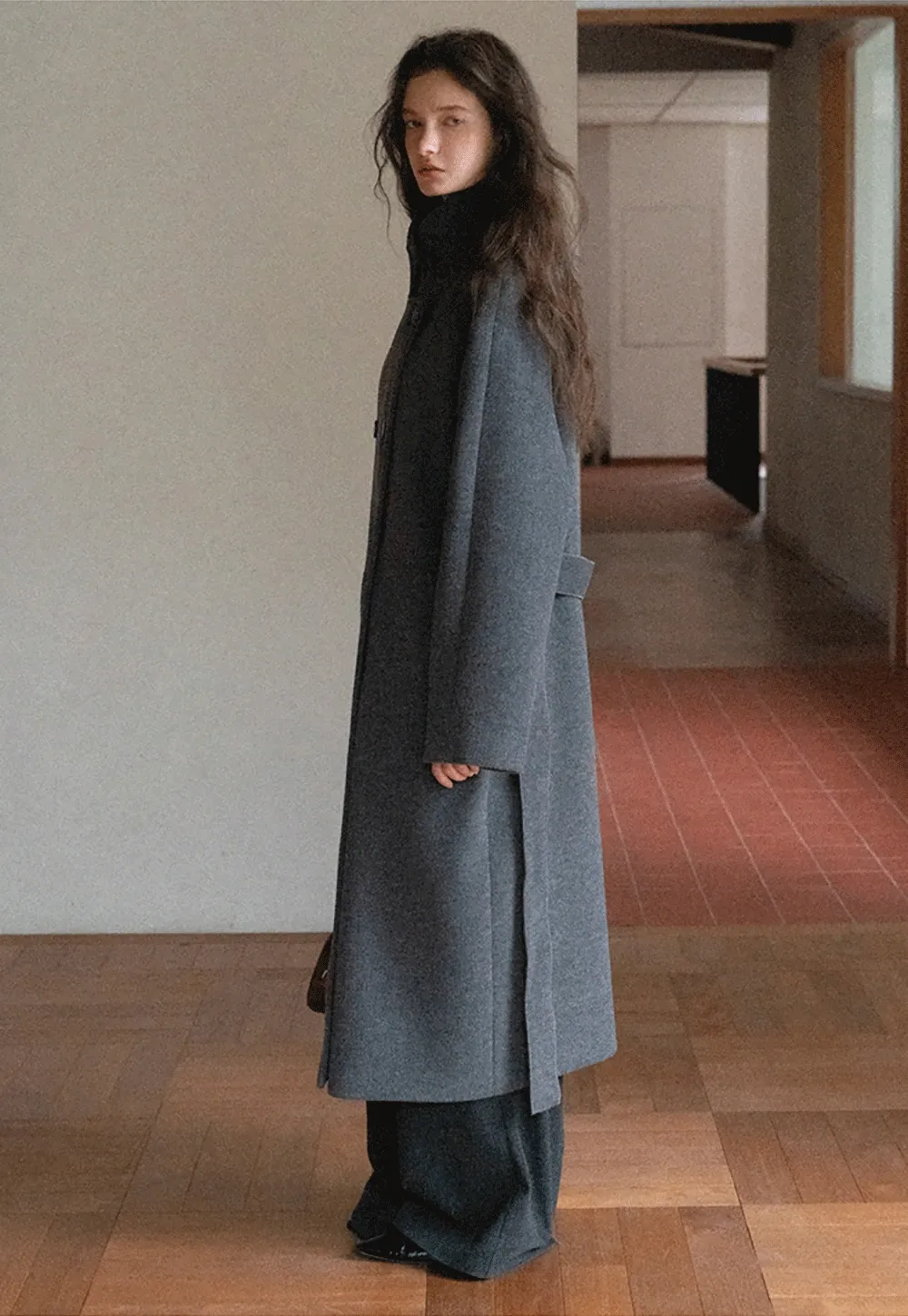 Women Classic Wool Coat with Button Details and Waist Belt