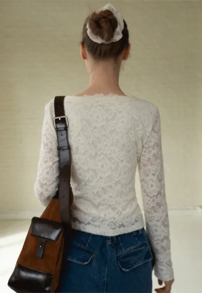 V-Neck Lace Jacquard Bow Top