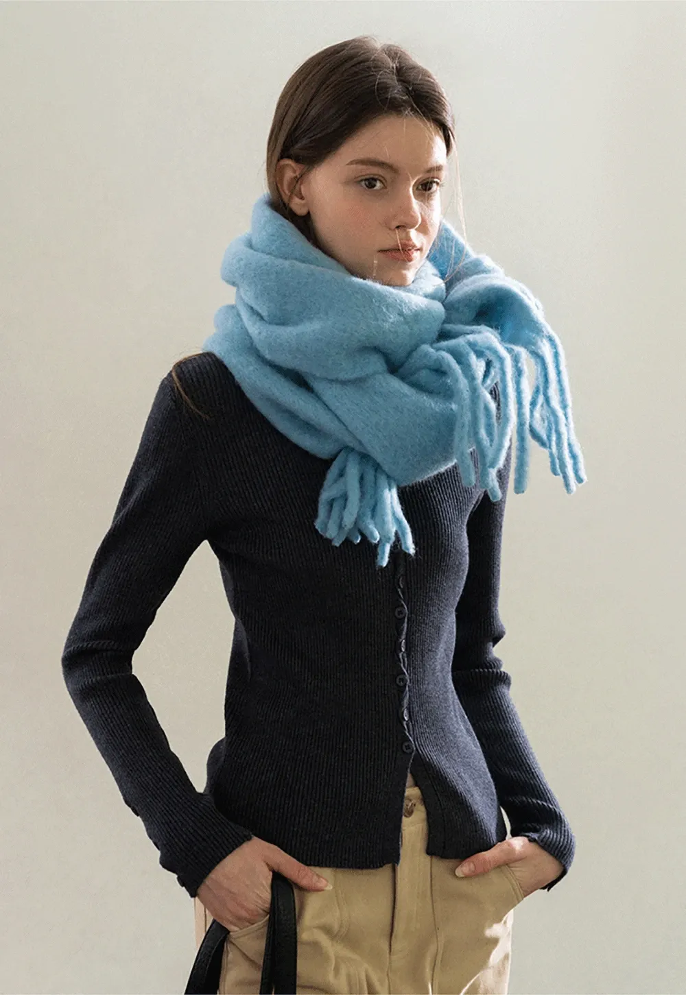 Stand-Collar Twist Button Knit Top