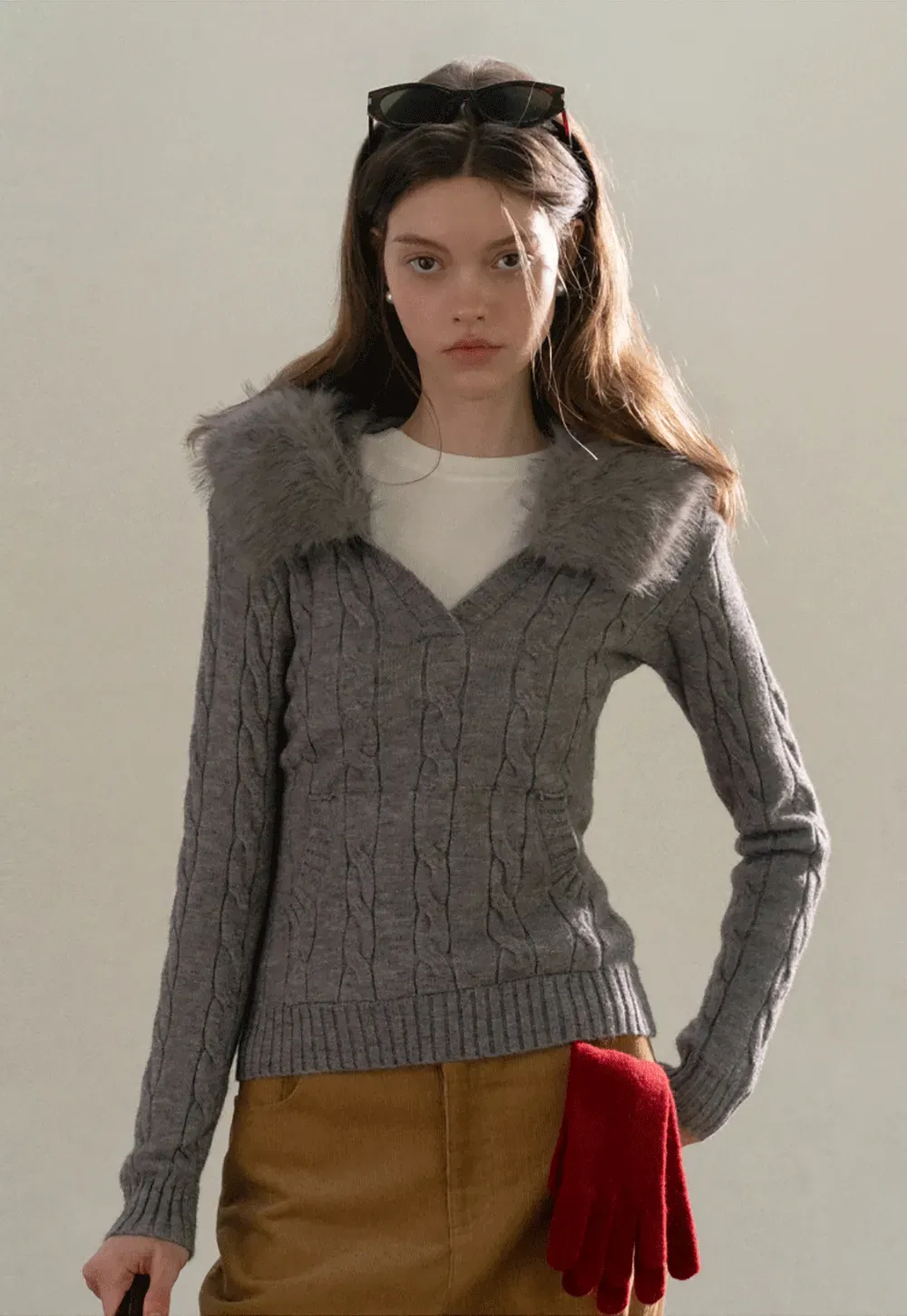Faux Fur Collar Cable-Knit Sweater