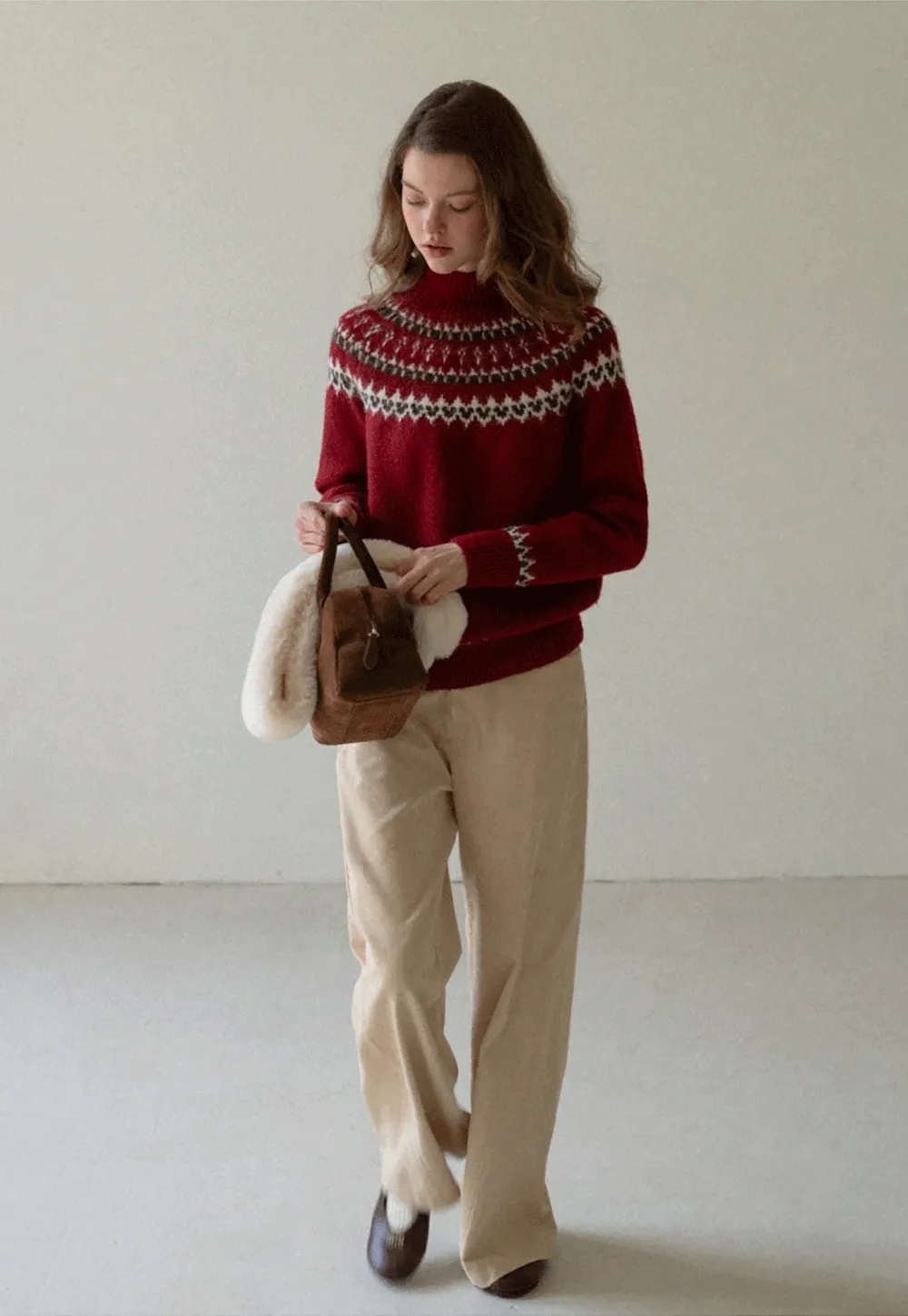 Red Knit Sweater with Fair Isle Pattern