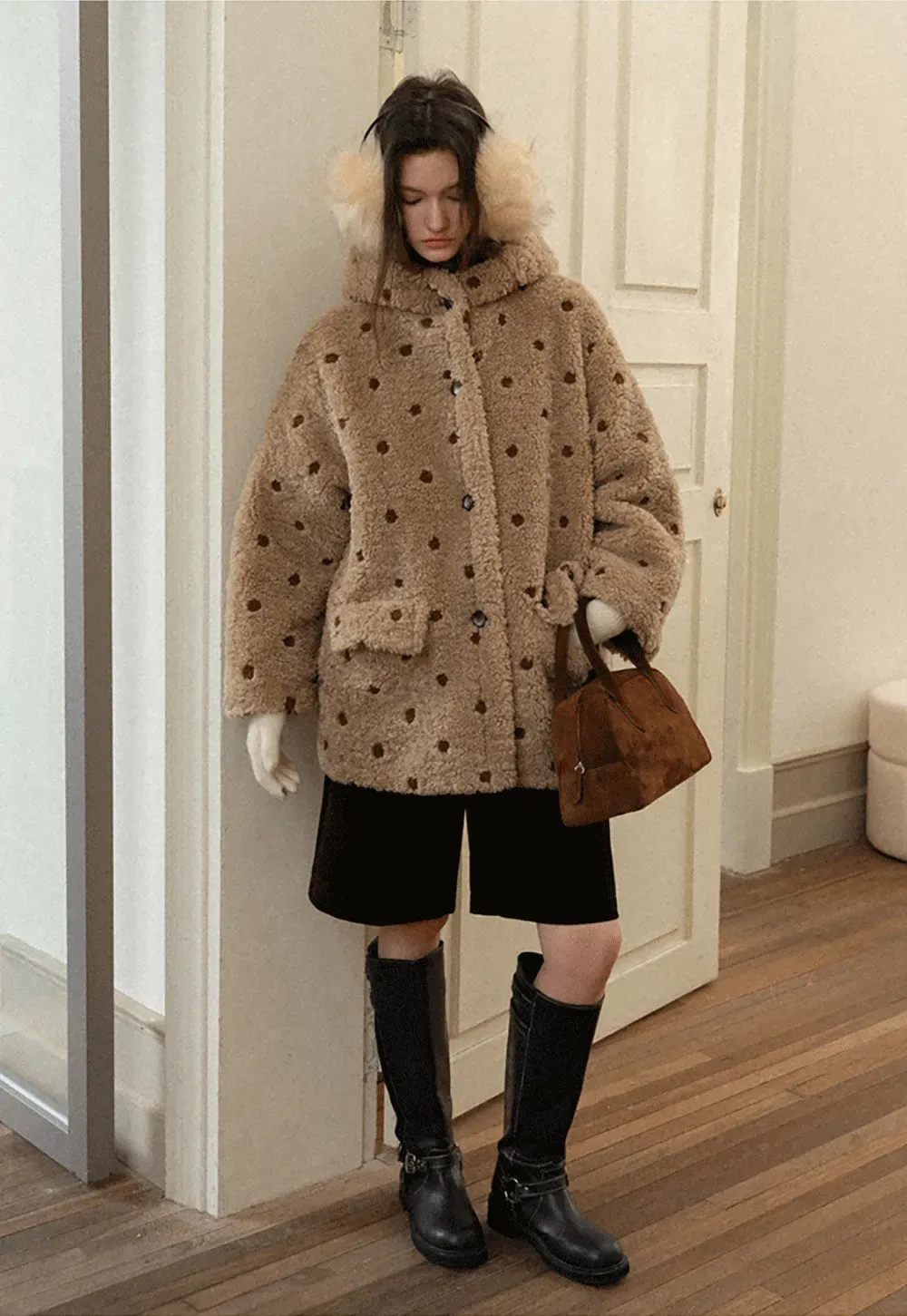 Polka Dot Teddy Fleece Hooded Coat
