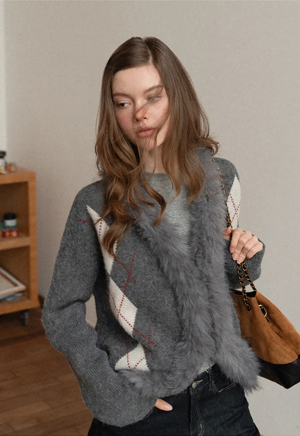 Patterned Sweater Cardigan with Fur Trim