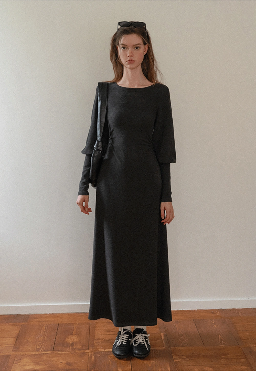 Women Long Sleeve Maxi Dress in Dark Gray
