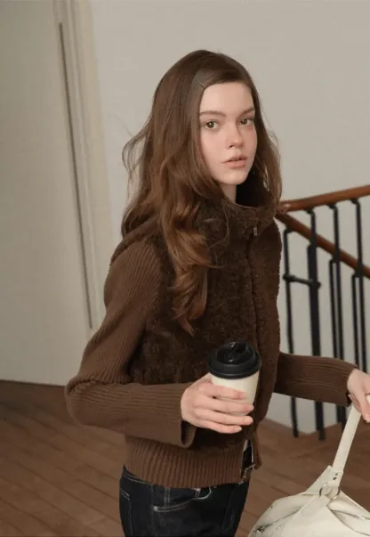 Faux Shearling Panel Knit Jacket