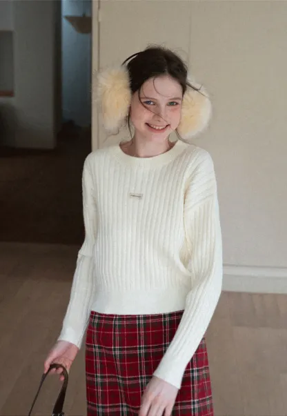 Ribbed Knit Cropped Sweater with Branding