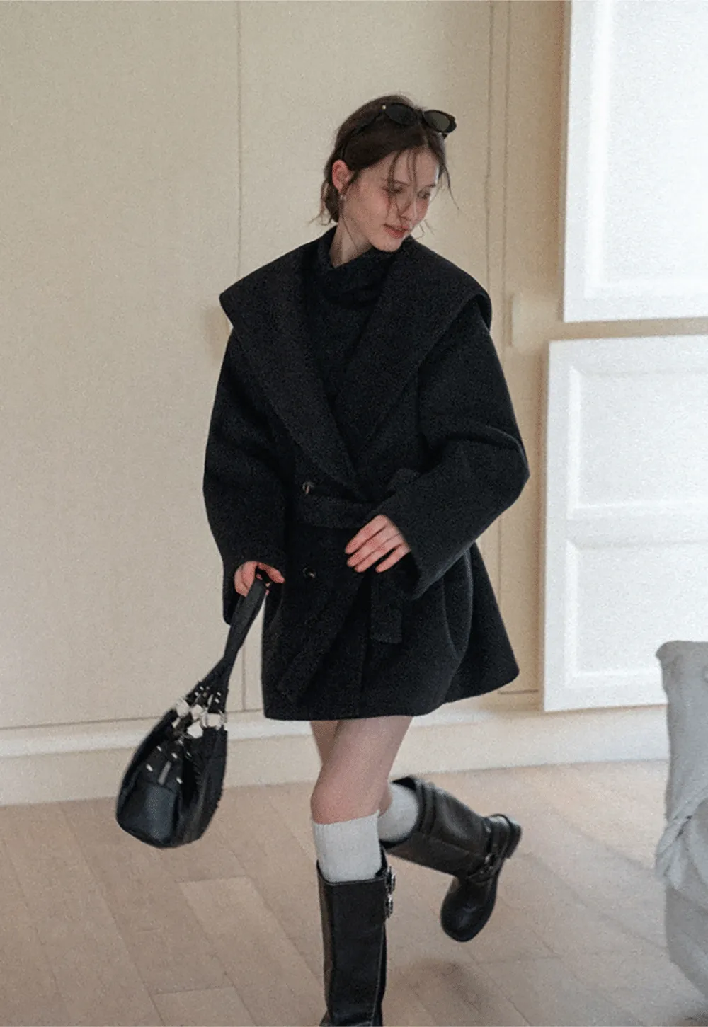 Cozy Black Oversized Coat with Knee-High Boots